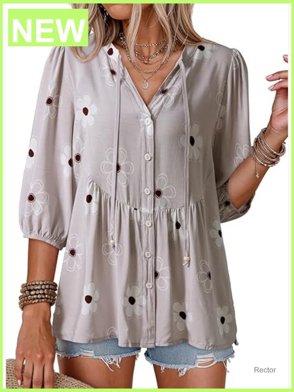 Boho Floral Short Sleeve Button Down V Neck Peplum Babydoll Blouse